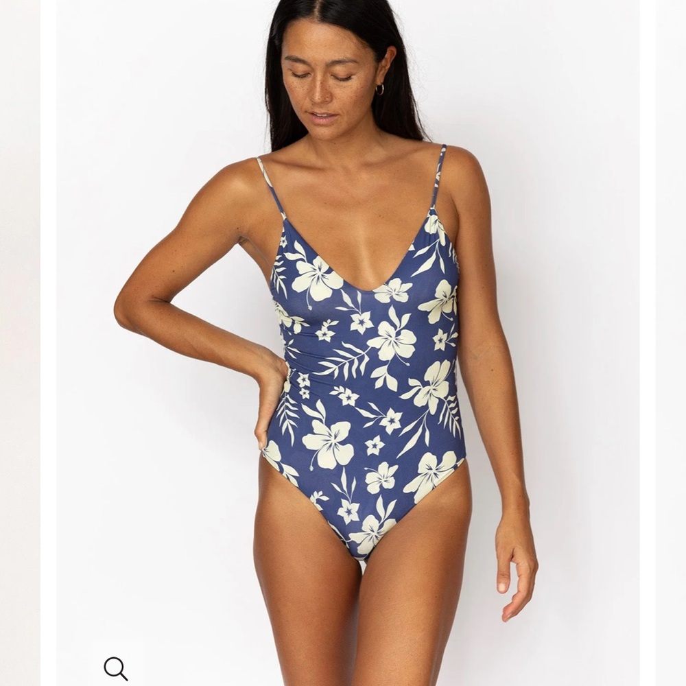 Blue and Cream One-Piece Swimsuit with Adjustable Straps